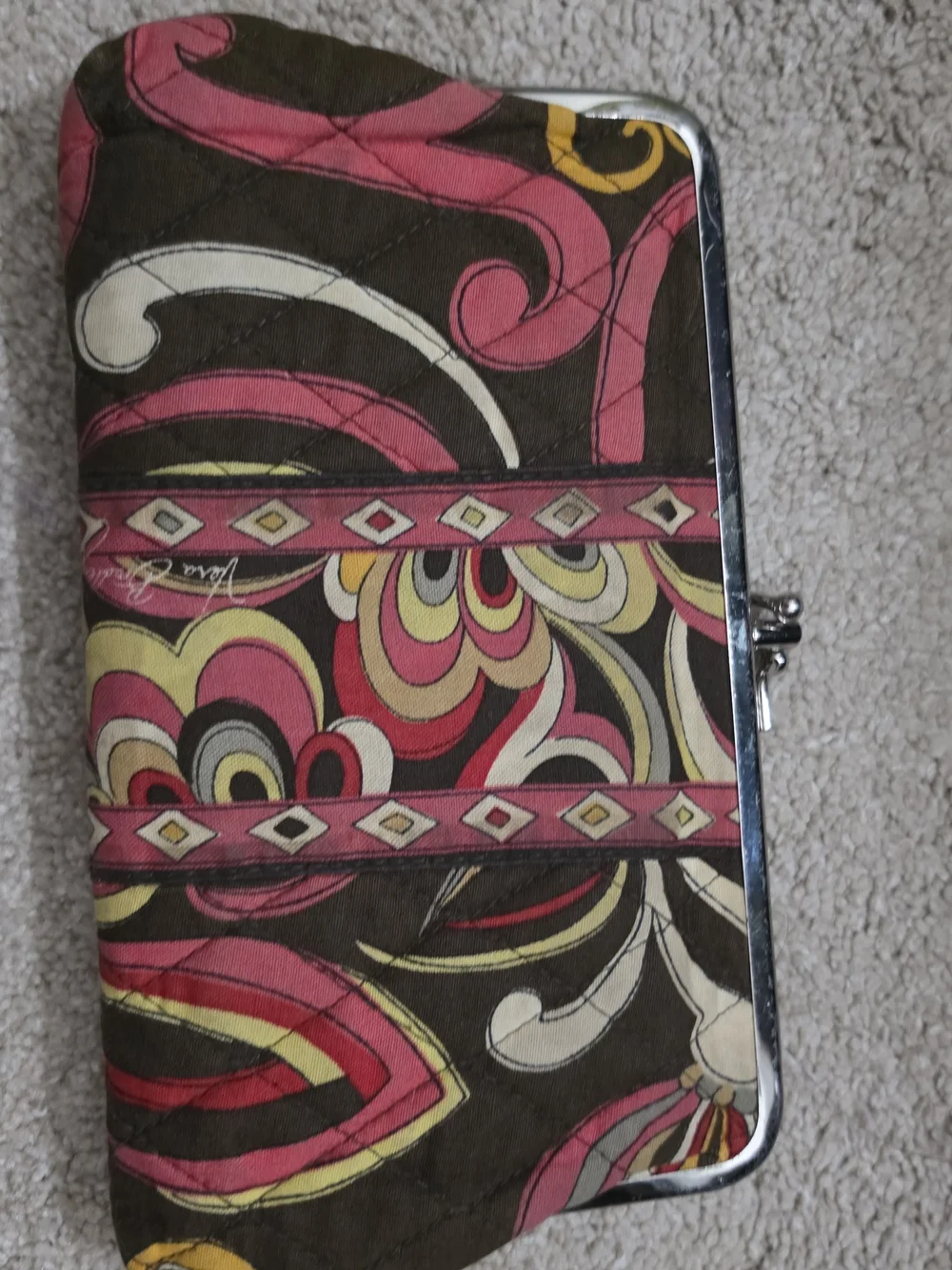 Vera Bradley Brown Quilted Floral Frame Wallet with Pink and Yellow Accents